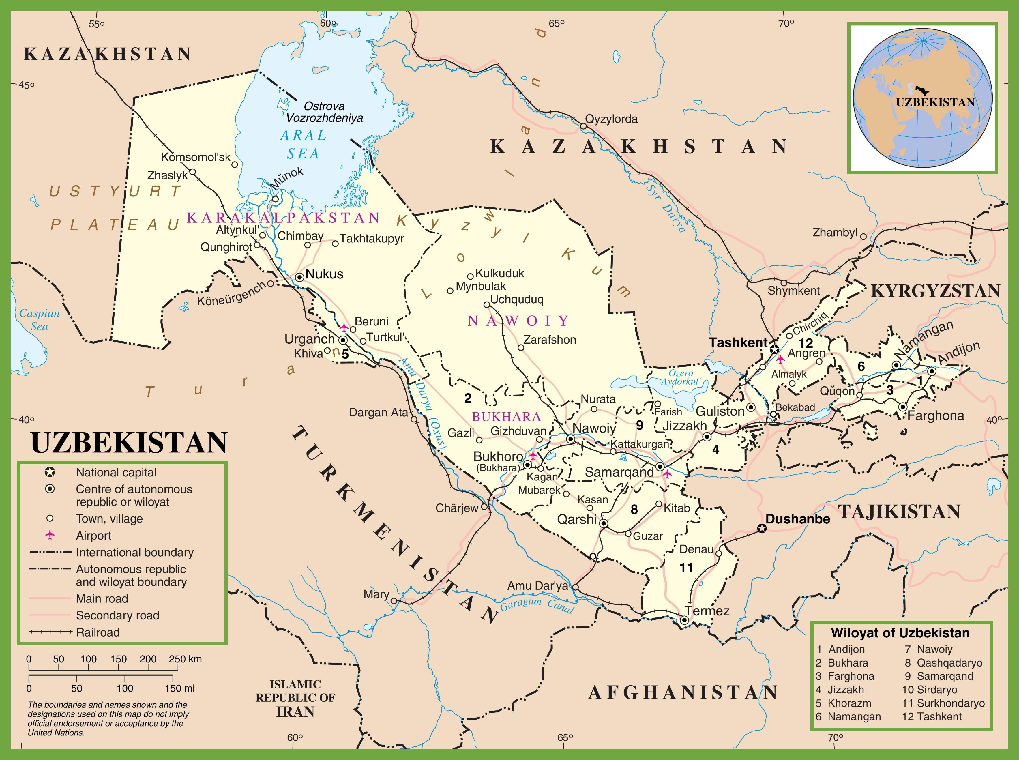 ウズベキスタンの政治地図 地図のウズベキスタンの政治的 中央アジア アジア